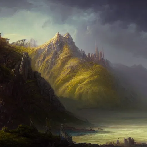 Prompt: a painting of a mountain with a castle on top of it, a detailed matte painting by William Didier-Pouget, cgsociety, fantasy art, matte painting, apocalypse landscape, unreal engine 5