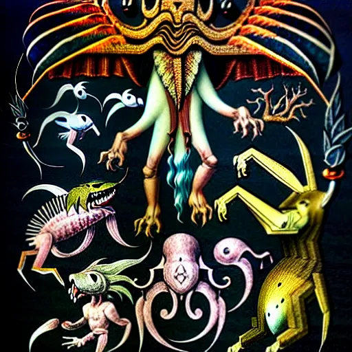 Image similar to bestiary of creatures from the depths of the unconscious psyche