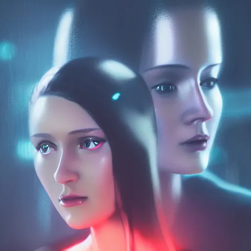 Image similar to a blade runner inspired portrait of 2 women 4k photorealistic, volumetric lighting, hd, high details, dramatic, trending on artstation