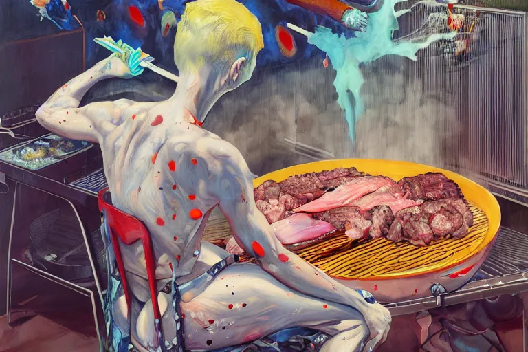 Prompt: portrait of a morphed gamer sitting in a chair at a bbq grill tending to meat, art by james jean and luc tuymans and vincent lefevre and hernan bas and pat steir and hilma af klint, psychological, dripping paint, high quality render, cg society contest winner, retrofuturism, masterpiece