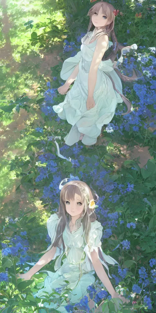 Image similar to a digital art of a loli with long hair in a dress in the privet garden at after noon, green and blue and warm theme, back lighting, highly detailed, 4 k resolution, trending on art station, elegant, by krenz cushart and mucha and akihito yoshida and greg rutkowski and makoto shinkai