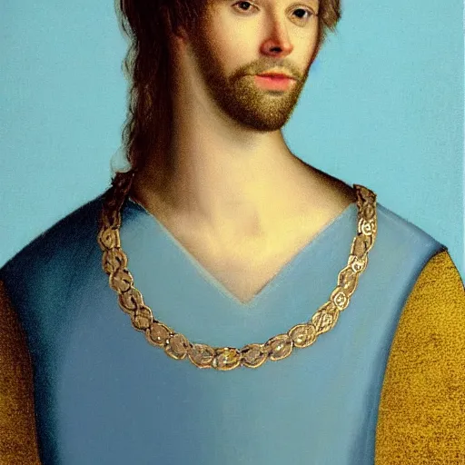 Prompt: a very detailed portrait of a young adult man in completely baby blue tunic, wearing a gold medallion!!! around his neck. he has an oval shaped head and roundish nose, blue eyes, kind face and no facial hair. he has dark brown hair and wears it in a tight long ponytail.