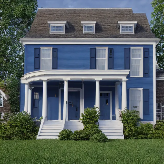 Image similar to modern new england colonial house with a round blue door, brick cape house, realistic, unreal engine render, octane render, hyper realistic, photo, 8 k