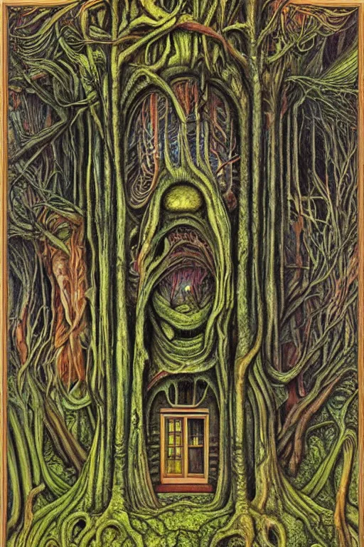 Prompt: a house in the forest by h. r. giger, painterly, alex grey, moebius