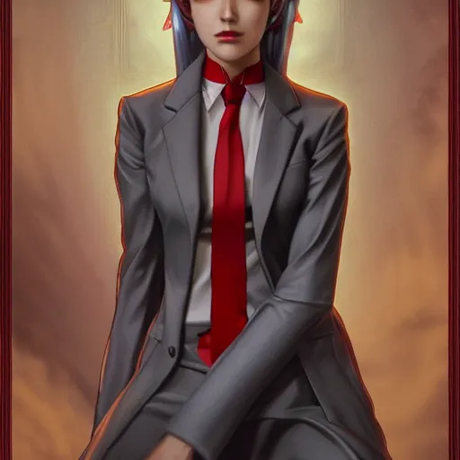 Image similar to a girl wearing a business suit, grey hair, red necktie, cinematic, twintails, stunning, highly detailed, digital painting, artstation, smooth, hard focus, full body shot, illustration, art by artgerm and greg rutkowski and alphonse mucha