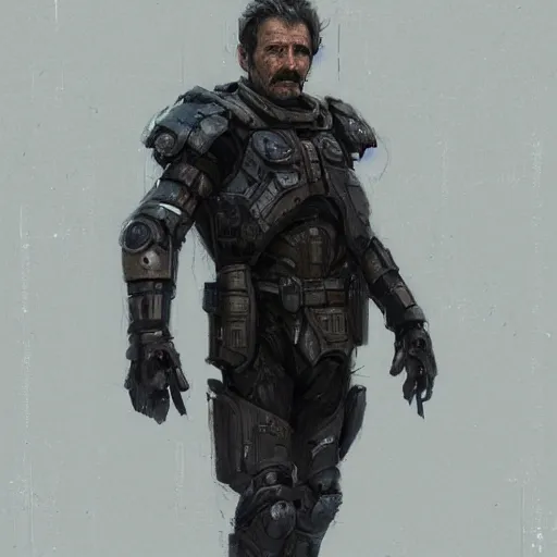 Prompt: Portrait of a man by Greg Rutkowski, he is about 60 years old, short black hair with bangs, his features are a mix between French, Turkish and Russian, dying, expression of epiphany and realization, he is wearing a futuristic tactical gear, highly detailed portrait, digital painting, artstation, concept art, smooth, sharp foccus ilustration, Artstation HQ.