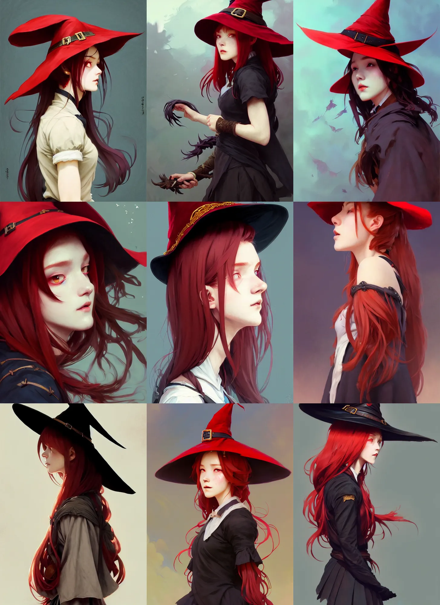Prompt: side portrait of a rugged girl witch wearing magic school uniform, red hair, large wide - brimmed witch hat, cinematic, elaborate, elegant, masterpiece, illustration, digital painting, concept art, trending on artstation, pixiv, art by ruan jia and hong soonsang and wlop and artgerm and greg rutkowski and alphonse mucha