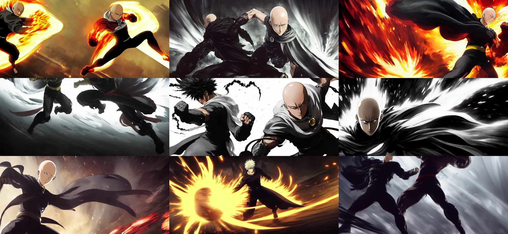 Prompt: Epic action scene, Concept art of saitama one punch man, black smoke follows his movement, full body wuxia, punching martial arts by Akihito Yoshitomi AND Yoji Shinkawa AND Greg Rutkowski, Mark Arian trending on artstation, 4k