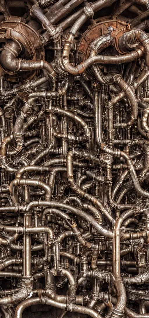 Prompt: an infinitely complex network of old rusty pipes and valves, hr giger style,