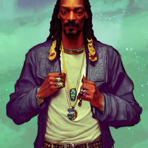 Image similar to Snoop Dogg as a cartoon character, D&D, fantasy, intricate, cinematic lighting, highly detailed, digital painting, artstation, concept art, smooth, sharp focus, illustration, art by Akihiko Yoshida, Greg Rutkowski and Alphonse Mucha