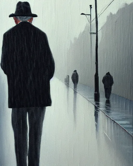 Image similar to a painting of an old man looking down the street, rain, an ultrafine detailed painting, by cabu, featured on deviantart, detailed painting, deviantart