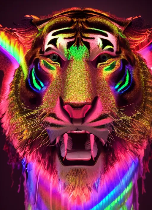 Image similar to photo of baroque and bladerunner delicate neon emerald sculpture of seductive king william levy tigers orange iridescent humanoid deity wearing metallic jungle leaves holding the sun prismatic dungeon, glowing rainbow face, crown of white diamonds, cinematic lighting, photorealistic, octane render 8 k depth of field 3 d