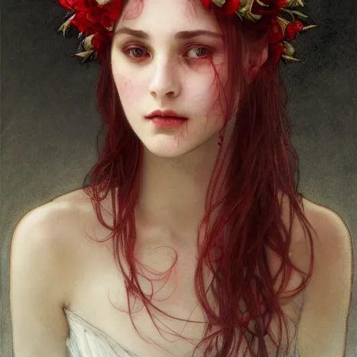 Prompt: portrait of beautiful vampire, flower crown, extreme thorns everywhere, headshot, neck up, head only, pale skin, 4k, rule of thirds, extreme detail, detailed drawing, trending artstation, hd, fantasy, D&D, realistic lighting, by Alphonse Mucha, Greg Rutkowski, sharp focus, backlit, bright red hair