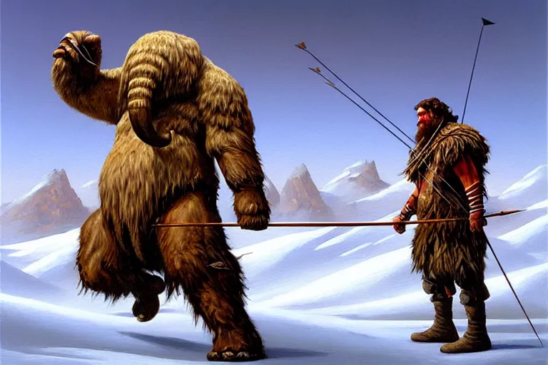 Prompt: classic oil painting, a mammoth being shot by many arrows, as a dnd character, alone in the barren tundra, highly detailed, digital illustration, concept art, smooth, sharp focus, art by greg hildebrandt, and tim hildebrandt