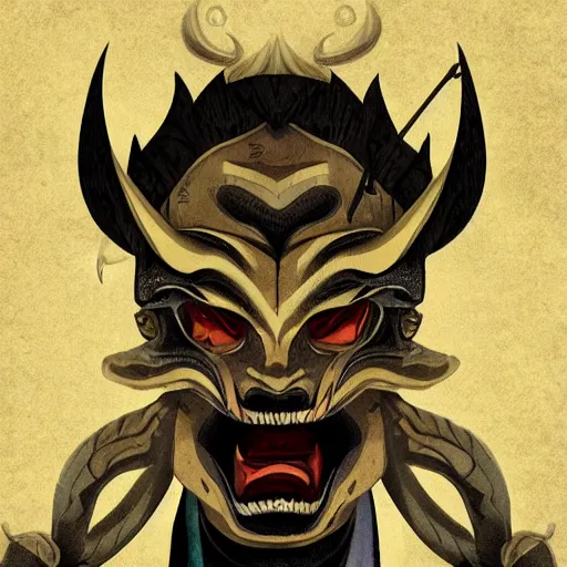 Image similar to man with a hannya mask, thunder spell, storm, landscape, artstation