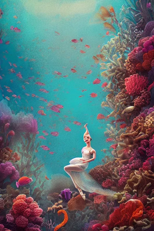 Prompt: ballerina alone at the bottom of the great barrier reef by jaques cousteau, digital art, smooth, focus, highly detailed, hyper realistic, intricate, art by wlop