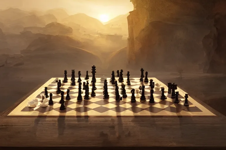 Image similar to a chess board where the pieces are lost souls, matte painting, long shot, concept art, wide shot, digital art, trending on artstation, 4 k, extremely detailed, realistic, midday, warm colors, golden sunlight, by greg rutkowski, cinematic, epic