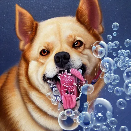 Prompt: high detail oil painting of a rabid dog, rabies, foam, bubbles made of emoji faces, trending on artstation