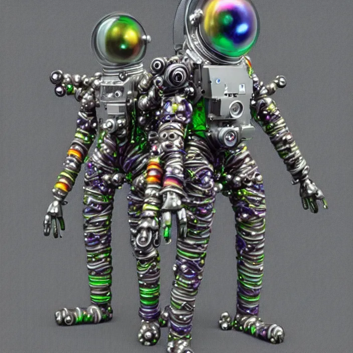 Image similar to a cybernetic symbiosis of a single astronaut mech-organic eva suit made of pearlescent wearing anodized thread knitted shiny ceramic multi colored yarn thread infected with kevlar,ferrofluid drips,carbon fiber,ceramic cracks,gaseous blob materials and diamond 3d fractal lace iridescent bubble 3d skin dotted covered with orb stalks of insectoid compound eye camera lenses orbs floats through the living room, film still from the movie directed by Denis Villeneuve with art direction by Salvador Dalí, wide lens,