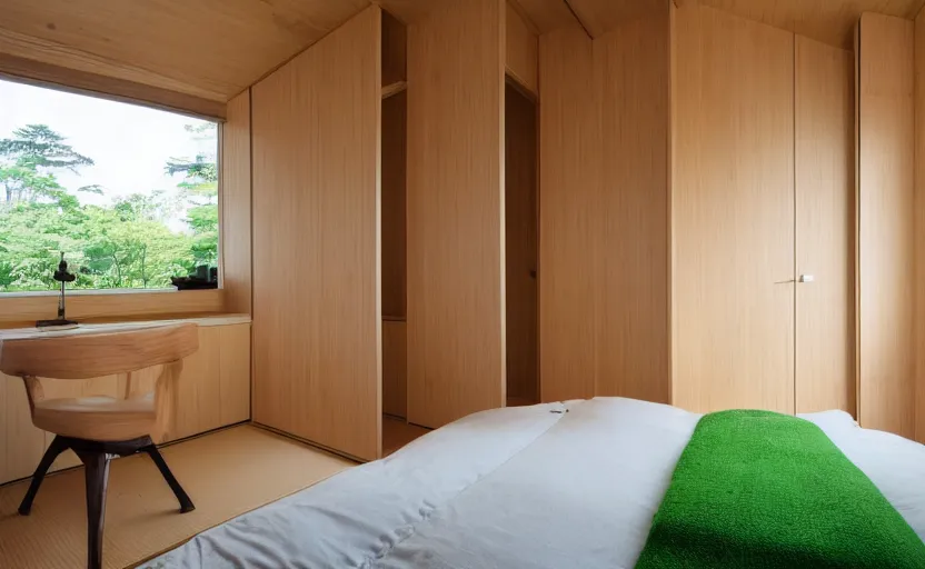 Image similar to interior of a small minimalist bedroom, japanese style, bed, cupboards, bamboo wood, pine wood, white, bright, green, windows with a view of a green park, natural materials, 8 k