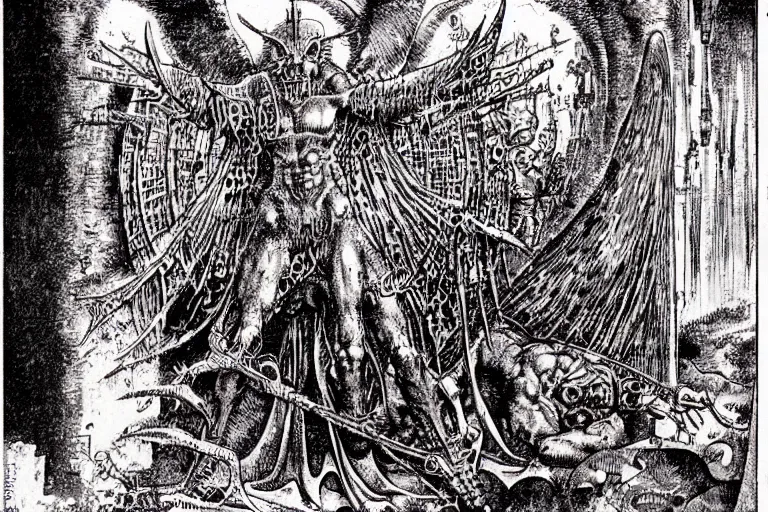 Image similar to fallen angel begs to enter the gates of hell by philippe druillet and moebius and hieronymus bosch