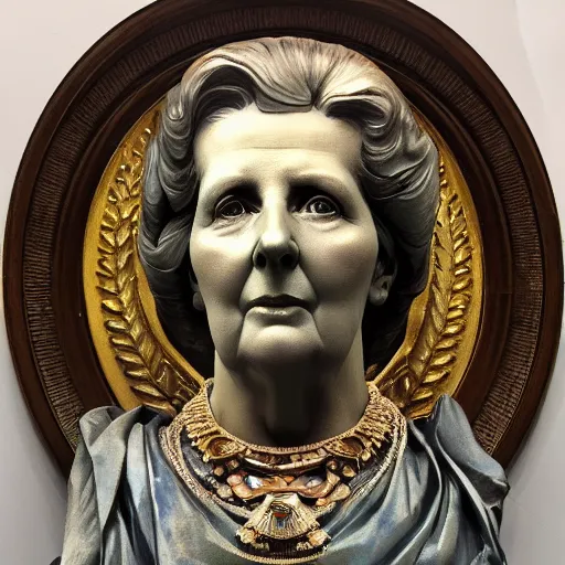 Prompt: beautiful lifelike award winning marble statue bust of margaret thatcher trending on art station artgerm greg rutkowski alphonse mucha museum quality cinematic atmospheric