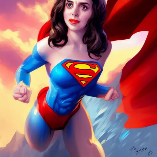 Prompt: Alison brie, dressed as Superman ultra wide lens shot , tiny, small, short, cute and adorable, pretty, beautiful, DnD character art portrait, matte fantasy painting, DeviantArt Artstation, by Jason Felix by Steve Argyle by Tyler Jacobson by Peter Mohrbacher, cinematic lighting