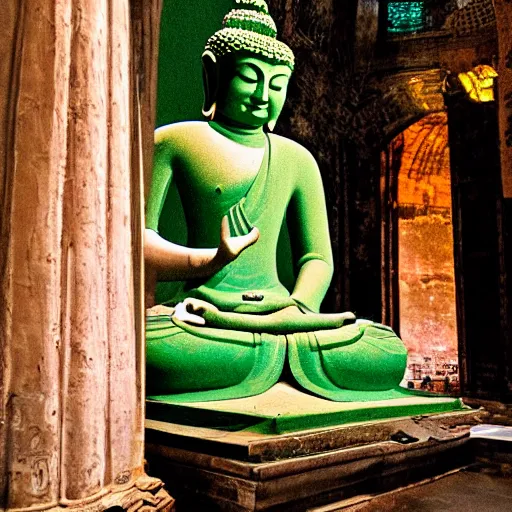 Prompt: dark green buddha being prayed in hagia sophia, dystopian universe