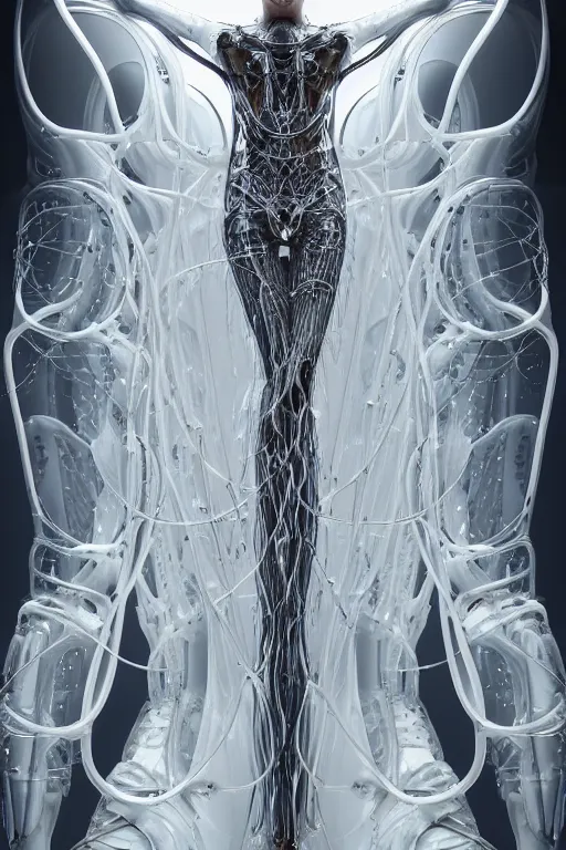 Image similar to iris van herpen, perfect symmetrical body, full body shot, inflateble shapes, wires, tubes, veins, jellyfish, white biomechanical details, wearing epic bionic cyborg implants, masterpiece, intricate, biopunk, vogue, highly detailed, artstation, concept art, cyberpunk, octane render