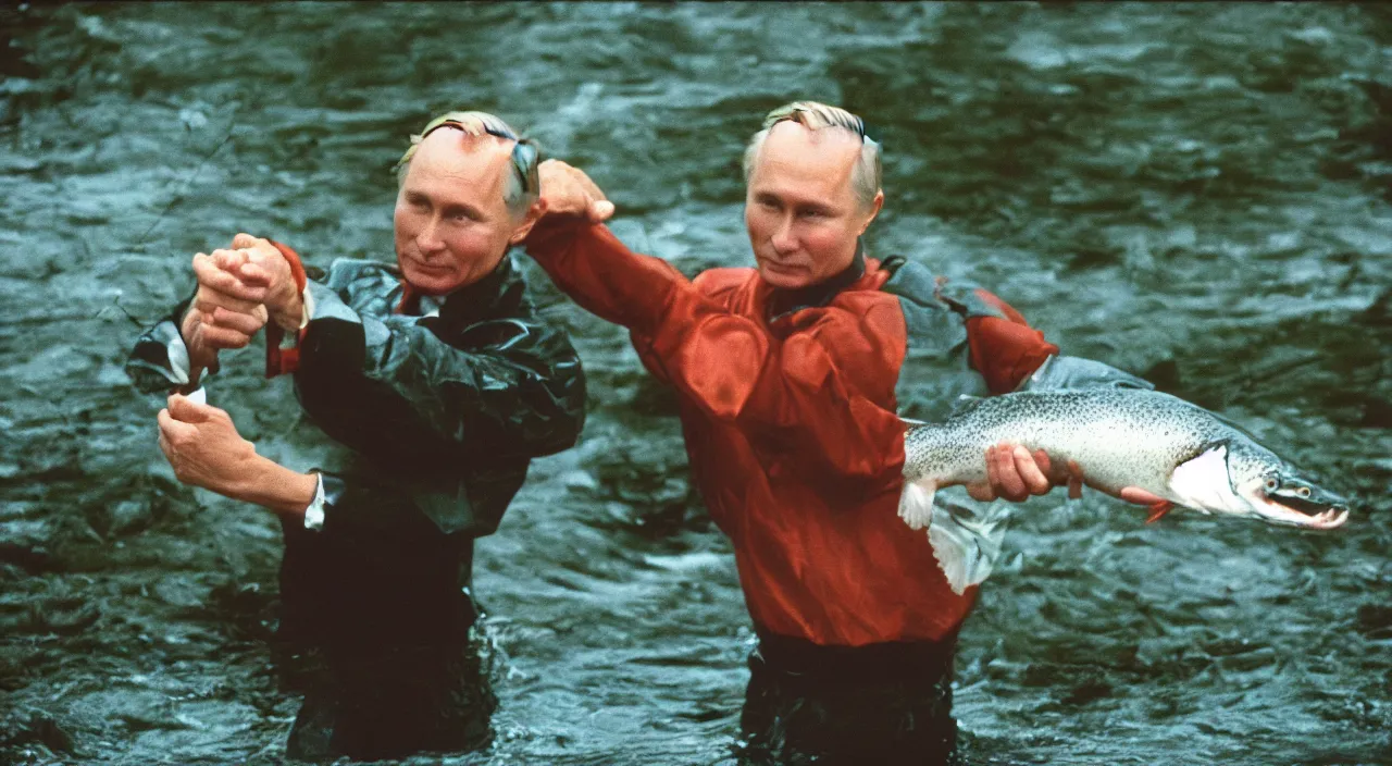 Image similar to 7 0 s movie still of putin catching a salmon with his hands, cinestill 8 0 0 t _ 3 5 mm eastmancolor, heavy grain, high quality, high detail