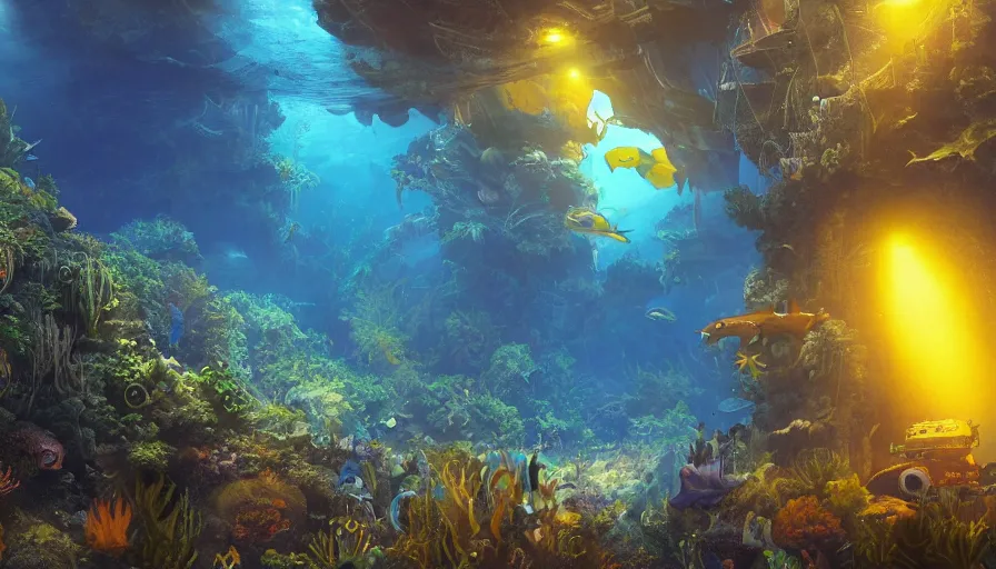 Image similar to interview of an underwater jungle built under blue domes, yellow lights, hyperdetailed, artstation, cgsociety, 8 k