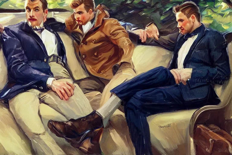 Image similar to 2 attractive men sitting on a coach in forest, painting by vladimir volegov, j. c. leyendecker, tom of finland, trending on artstation