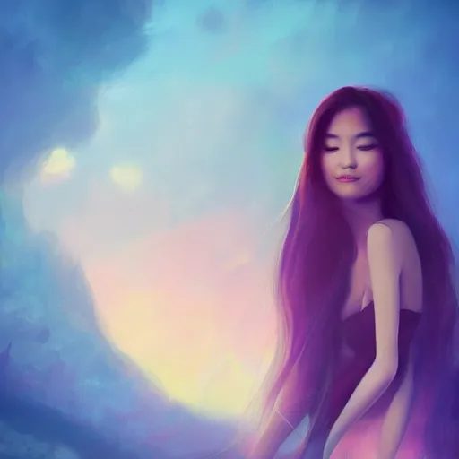 Image similar to a thin, pretty young Filipino woman with long hair floats in a dreamy world in the distance, her face is shaded, very beautiful, inspiring, dramatic lighting, abstract digital art, trending on artstation