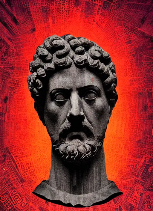 Image similar to black background with very subtle red and purple design elements, statue of marcus aurelius, powerful, nekro, graphic design, collage art, thin lines, dark, glitch art, neo vaporwave, gritty, layout frame, square, trending on artstation