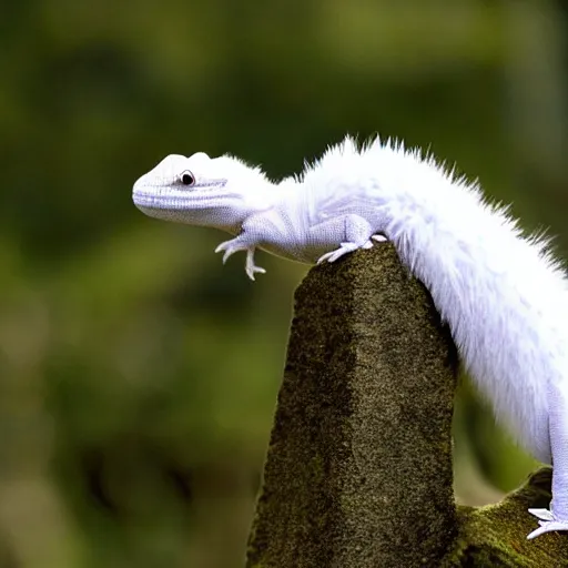 Image similar to cute lizard with long white fluffy fur, by Hayao Miyazaki