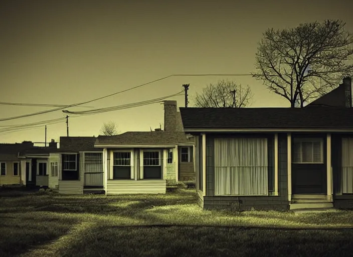 Image similar to small suburban houses in America at night by Edward Hopper, fantasy, moody lighting, dark mood, imagination, cinematic