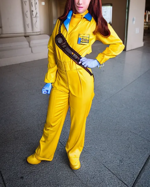 Prompt: Beautiful close highly detailed portrait of an April O'neil from TMNT cosplayer in her iconic signature main 1987 Yellow news reporter jumpsuit outfit. Award-winning photography. XF IQ4, 150MP, 50mm, f/1.4, ISO 200, 1/160s, natural light, rule of thirds, symmetrical balance, depth layering, polarizing filter, Sense of Depth, AI enhanced