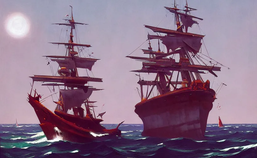 Image similar to Old Pirate ship fighting on ocaen, very coherent, painted by Edward Hopper, Wayne Barlowe, painted by James Gilleard, airbrush, art by JamesJean