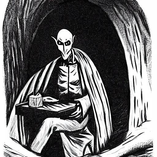 Image similar to Nosferatu sits in an igloo while drawing a self-portrait, over the shoulder view