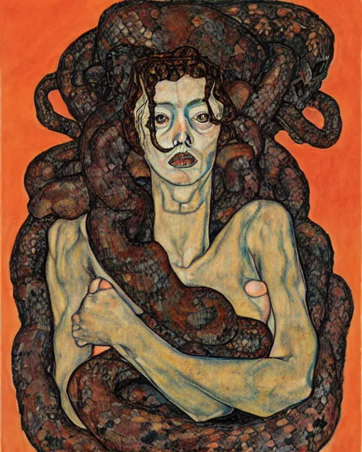 Image similar to portrait of a strong medusa with many pythons by egon schiele in the style of greg rutkowski