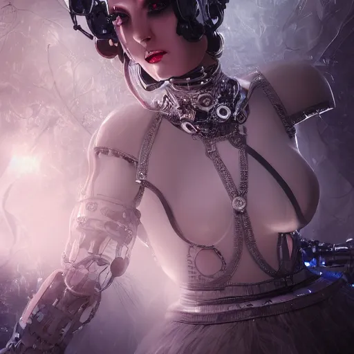 Prompt: female gothic robots with transparent head with mechanical brain, detailed glass face, sensual pose, dressed in white intricate lace, veils and jewels, epic environment, matte painting, diffused lighting, highly detailed, cinematic, epic atmosphere, digital art, trending on artstation, wide angle