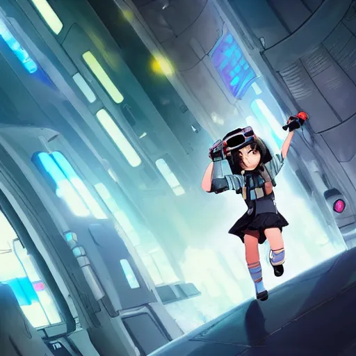 Image similar to a little girl with a big blaster in her hands runs along the runway towards the spaceship, anime, cyberpunk