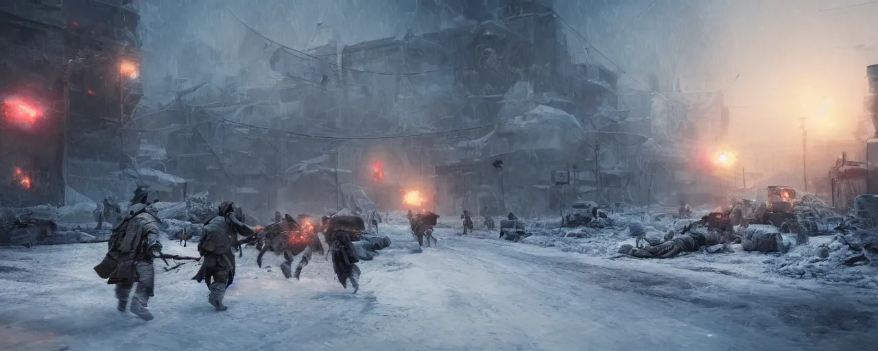 Image similar to digital art, trending on artstation, battle of gypsy clans in a nuclear winter, cinematic, cinematic lighting, octane render, motion blur, highly detailed