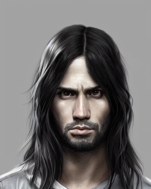 Image similar to portrait of tall, tired 3 3 - year - old handsome man with long black hair, grey eyes, wearing black clothes, hyper realistic face, beautiful eyes, character art, art by mark brooks, hyperdetailed, cryengine, trending on artstation, digital art