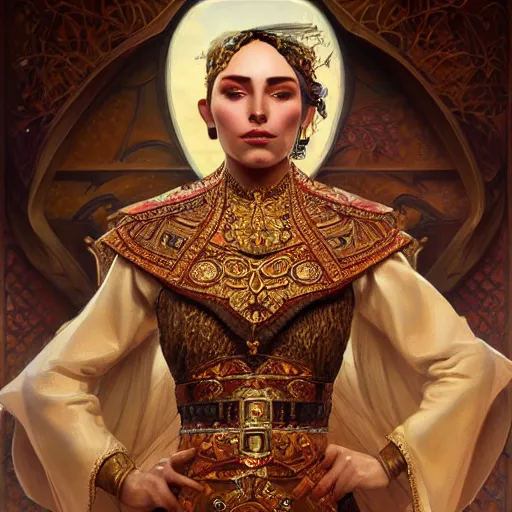 Image similar to ceren sungur portrait of ottoman sultan gog, female, clear face, symetrical, masculine, full body, 4 k, fantasy, intricate, elegant, highly detailed, digital painting, artstation, concept art, matte, sharp focus, illustration, art by artgerm and greg rutkowski and alphonse mucha