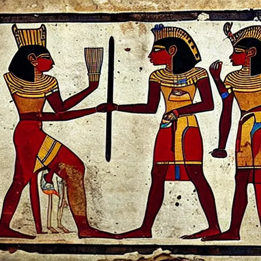 Prompt: An ancient Egyptian painting depicting an argument over whose turn it is to take out the trash
