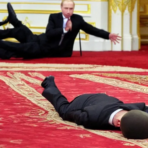 Prompt: putin gets shot by an assasain, lying on the floor dead