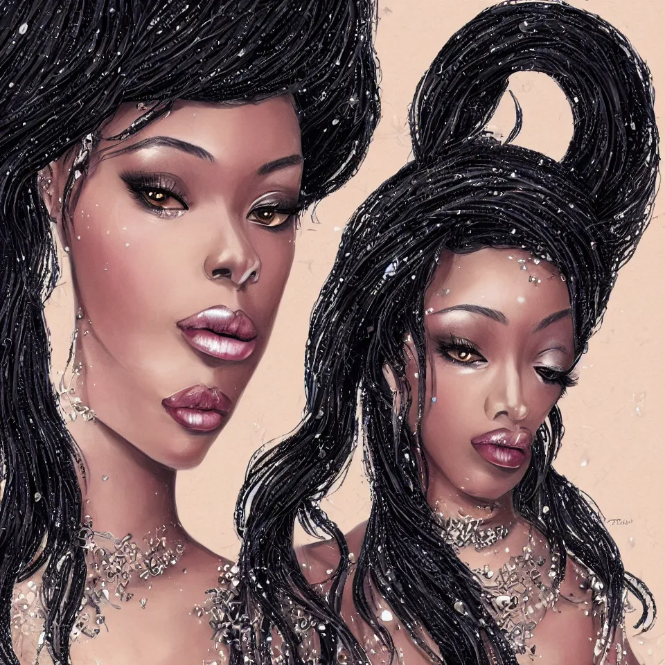 Image similar to A tall black skinned girl with large lips and smooth eyebrows and wavy hair, complimentary eyeliner, light blush and metallic eyeshadow, HD, illustration, epic, fantasy, intricate, elegant, amazing detail, digital painting, artstation, concept art, smooth, sharp focus, illustration, art by Turine Tran