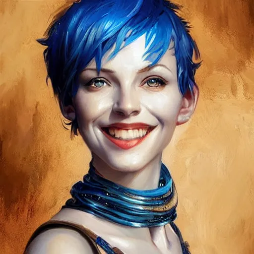 Image similar to a beautiful painting of a smiling woman with stylish short blue hair and sparkling blue eyes in a rustic saloon representative of the art style of artgerm and wlop and peter mohrbacher