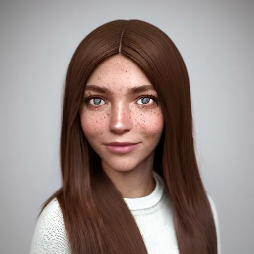 Image similar to Render of April, a cute 3D young woman, long shiny bronze brown hair, full round face, green eyes, light tan skin cute freckles, light blush, smiling softly, wearing casual clothing, interior lighting, cozy living room background, medium shot, mid-shot, hyperdetailed, hyperreal, trending on Artstation, Unreal Engine 4k